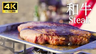 【料理動画・ASMR】ダイソーのキャンプグッズで和牛ステーキを焼く | キャンプ飯 三浦半島 | 4K | チルアウト (食欲・BBQ) Bake steak on the beach camp