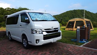 【車中泊キャンプ】小雨の中、ダムのほとりでハイエース車中泊