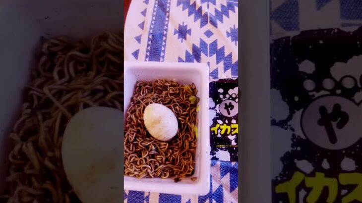 ゆで卵トッピング　イカスミ焼きそば　Peyong まるか食品　アレンジ料理　キャンプ飯