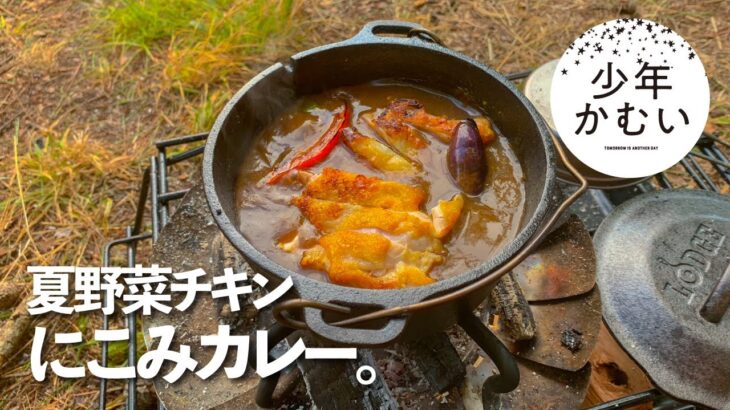 夏野菜とチキンも煮込む贅沢カレーライス。ソロキャンプ料理