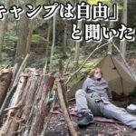 【冬のタープ泊】ソロキャンプで無骨なハーフピラミッド張りin渓流園地/大阪の山奥で暖房器具なし