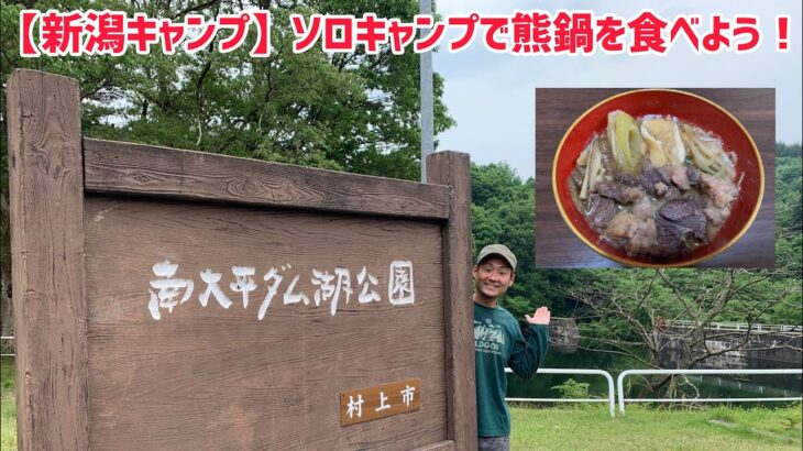 【新潟ソロキャンプ】村上市で完ソロ！ジビエ鍋（熊鍋）を作ろう！バターチキンカレーが何者かに！！【南大平ダム湖公園キャンプ場】