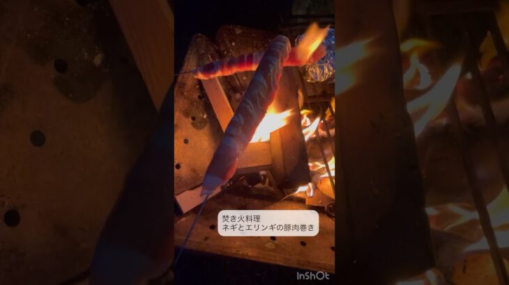 焚き火料理ネギとエリンギの豚肉巻き