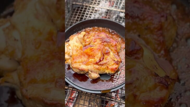 【ソロキャンプ飯 照り焼きチキン編】中年男子　焚き火で照り照りの鶏肉を焼いて食べる #shorts #アウトドア #中年 #料理 #キャンプ飯 #チャレンジ # 照り焼きチキン #簡単