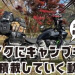 バイクにキャンプ道具一式を積載していく