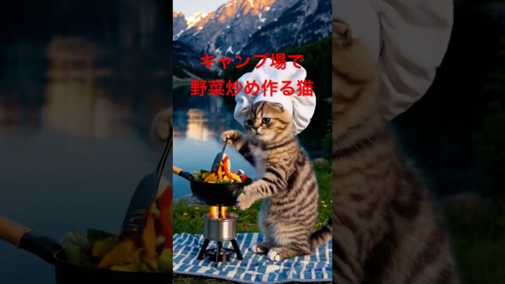 キャンプ場で野菜炒め作る猫・猫が料理するシリーズ。にゃんこシェフ。かわいい猫が料理を作る動画。おいしいもの作るかな？食いしん坊の猫大好き。