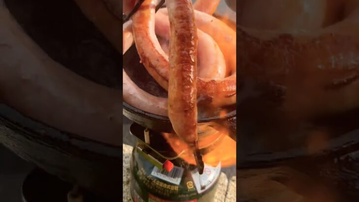 【飯テロ】ロングロングベリーロングソーセージをスキレットでキャンプファイヤーさせてビールを流し込む　ショートver #ハイボール  #asmr  #cooking  #shorts