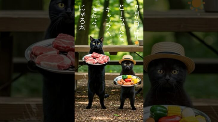 【癒し】とーちゃんとはじめてのキャンプ②🏕️BBQ編🍖#にゃろ太 #黒猫 #猫動画 #癒し動画 #猫のいる生活 #キャンプ #AI #猫日記 #BBQ #アウトドア #shorts  #猫料理