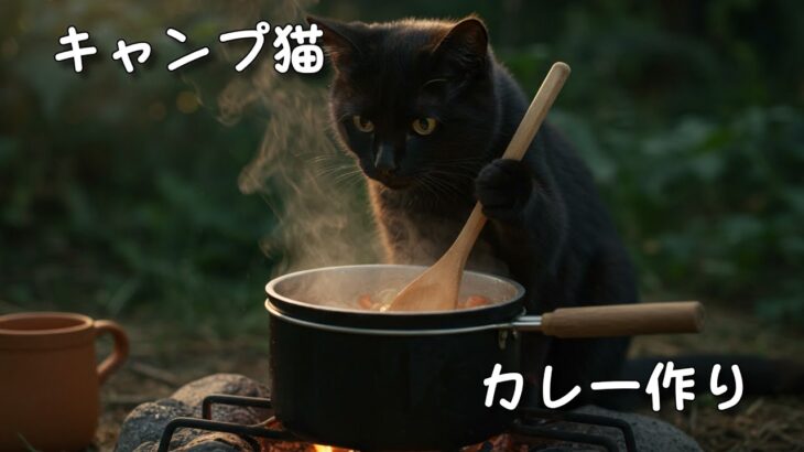 【キャンプ猫】黒猫ぼっちがカレーを作る【料理】