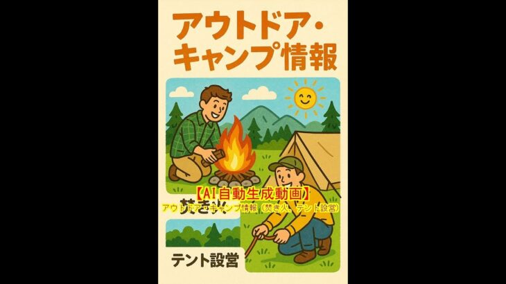 【AI自動生成動画】アウトドア・キャンプ情報（焚き火、テント設営） – 2025-08-16