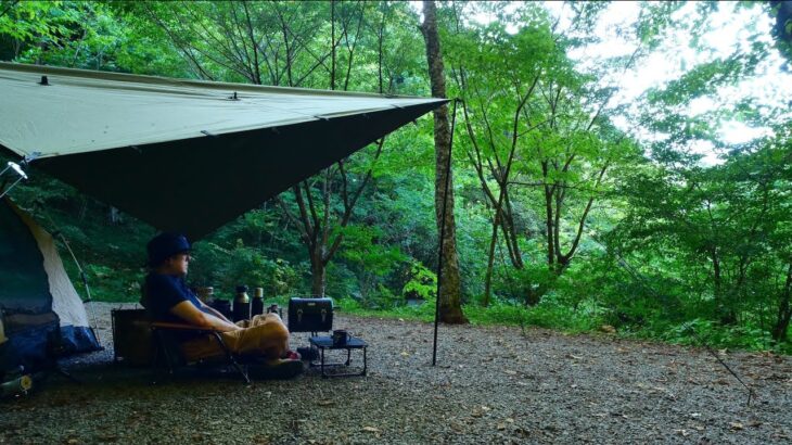 ひぐらしの鳴く頃に、道志でソロキャンプ。真夏のキャンプ料理はピリ辛素麺とメキシカンローストポーク。
