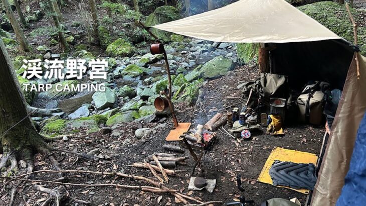 初秋ソロキャンプ「渓流で無骨なタープ泊野営」焚火料理でビールに酔いしれ、中秋の名月を山で見る。【Camping by a mountain stream in autumn】