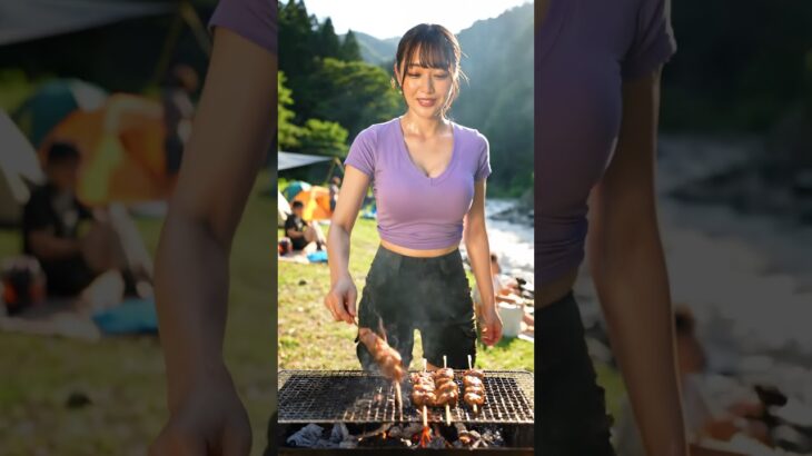青空の下、彼女が焼く絶品肉！#キャンプBBQ #野外飯 #休日ごはん