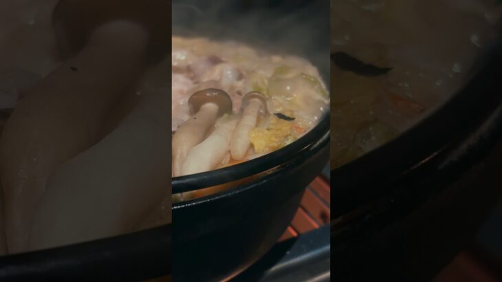 薪ストーブのグリル機能を使って冬のキャンプ飯の定番、鍋を食す🍲 #キャンプ飯 #キャンプ #飯テロ